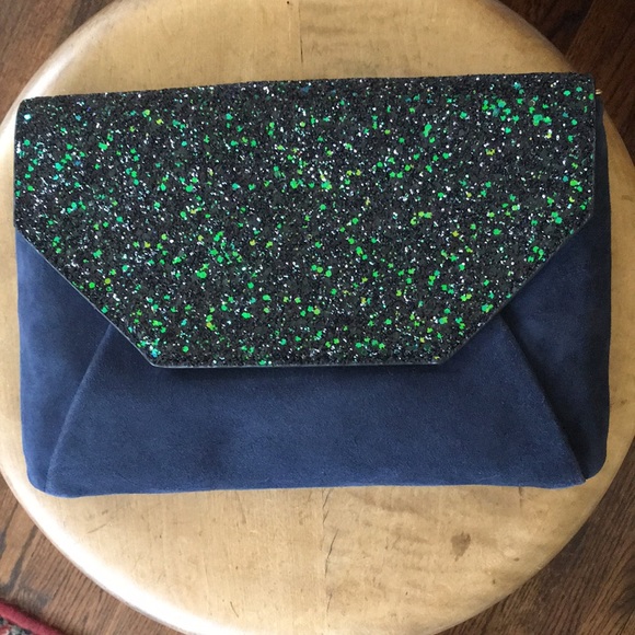 💝NWT Ann Taylor Blue Suede Green Sparkle Clutch - Picture 6 of 9